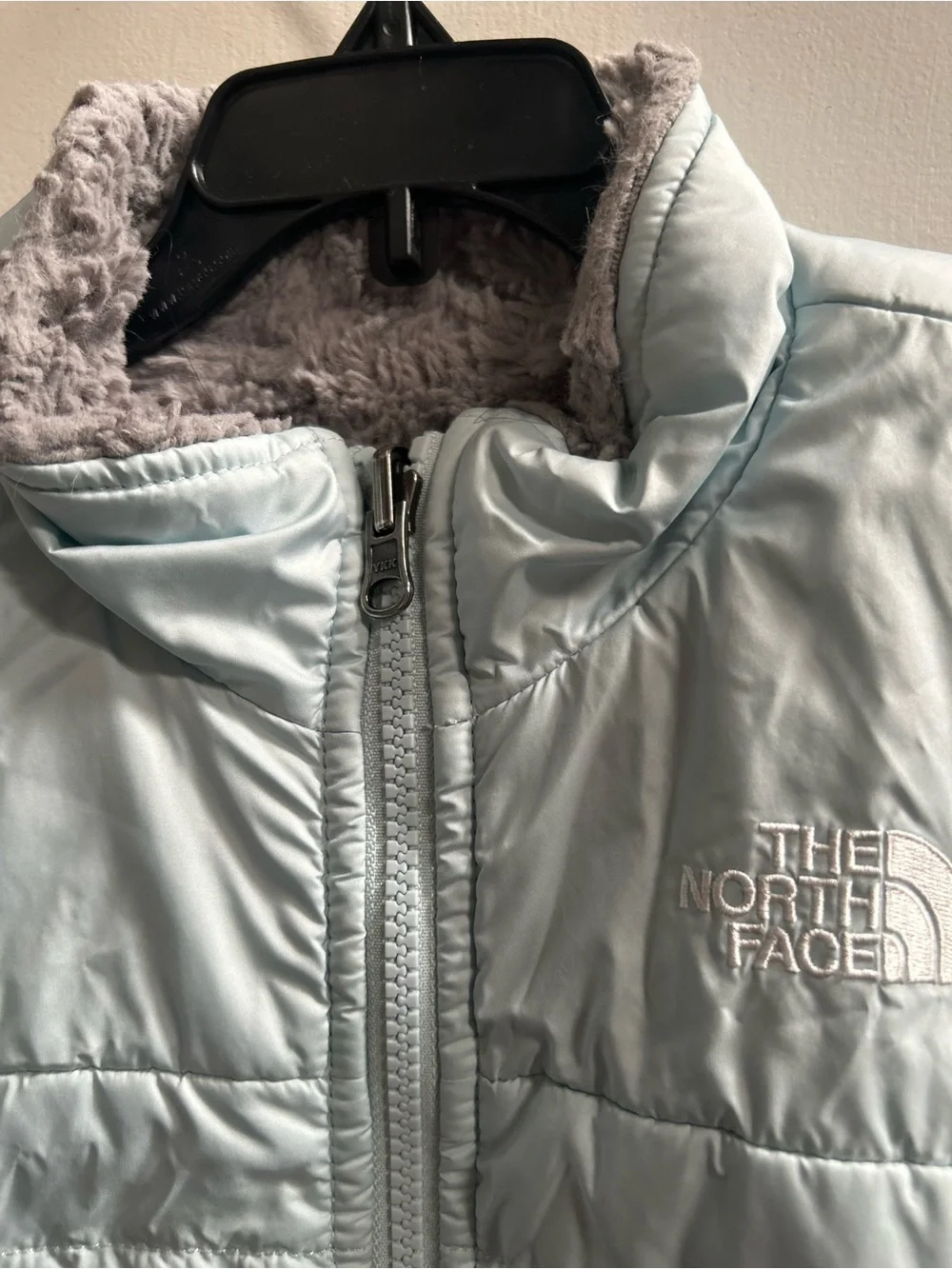 The North Face Girls' Light Blue Mossbud Swirl Reversible Insulated Jacket Sz 6